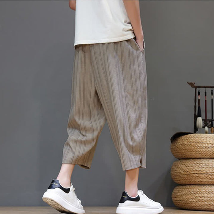 Buddha Stones Pantalones capri de verano informales con cordón y rayas, pantalones harem para hombre con bolsillo. - image 3