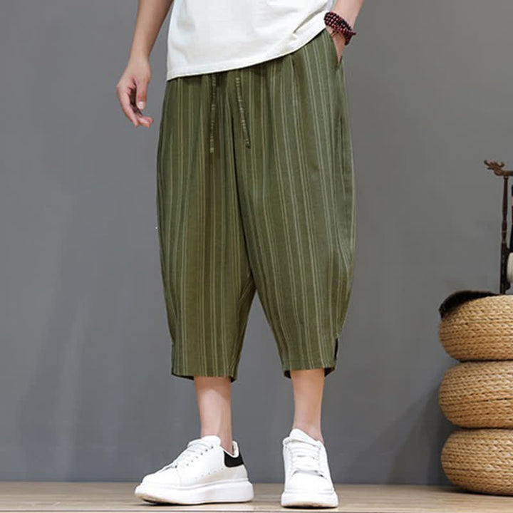 Buddha Stones Pantalones capri de verano informales con cordón y rayas, pantalones harem para hombre con bolsillo. - image 31