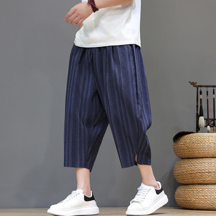 Buddha Stones Pantalones capri de verano informales con cordón y rayas, pantalones harem para hombre con bolsillo. - image 24