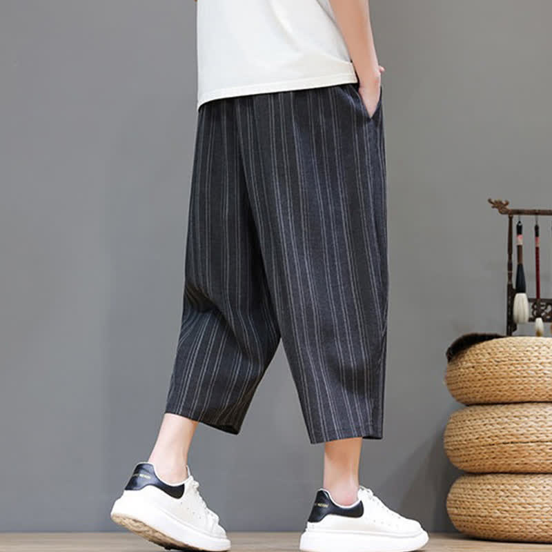 Buddha Stones Pantalones capri de verano informales con cordón y rayas, pantalones harem para hombre con bolsillo. - image 13