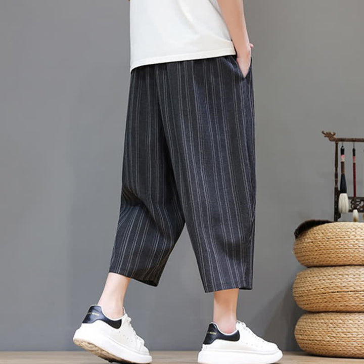 Buddha Stones Pantalones capri de verano informales con cordón y rayas, pantalones harem para hombre con bolsillo. - image 13