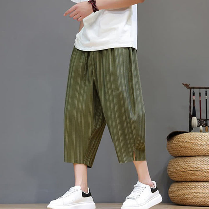 Buddha Stones Pantalones capri de verano informales con cordón y rayas, pantalones harem para hombre con bolsillo. - image 33