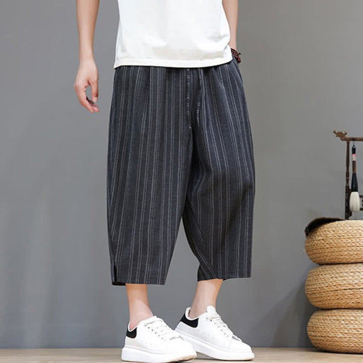 Buddha Stones Pantalones capri de verano informales con cordón y rayas, pantalones harem para hombre con bolsillo. - image 15
