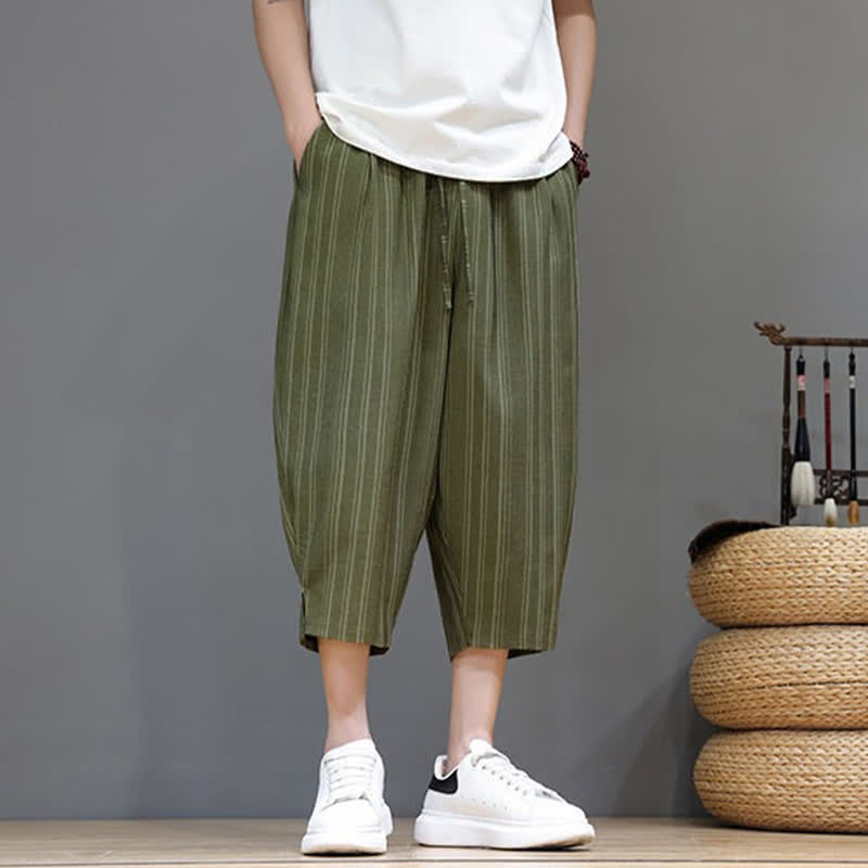 Buddha Stones Pantalones capri de verano informales con cordón y rayas, pantalones harem para hombre con bolsillo. - image 32