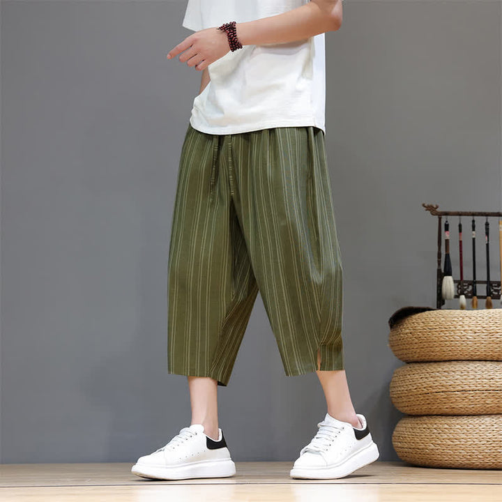 Buddha Stones Pantalones capri de verano informales con cordón y rayas, pantalones harem para hombre con bolsillo. - image 34