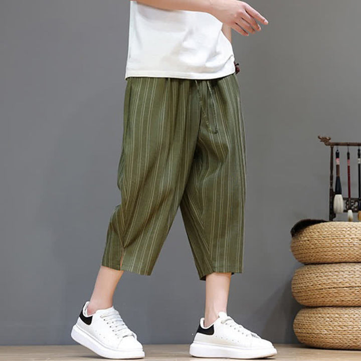 Buddha Stones Pantalones capri de verano informales con cordón y rayas, pantalones harem para hombre con bolsillo. - image 28