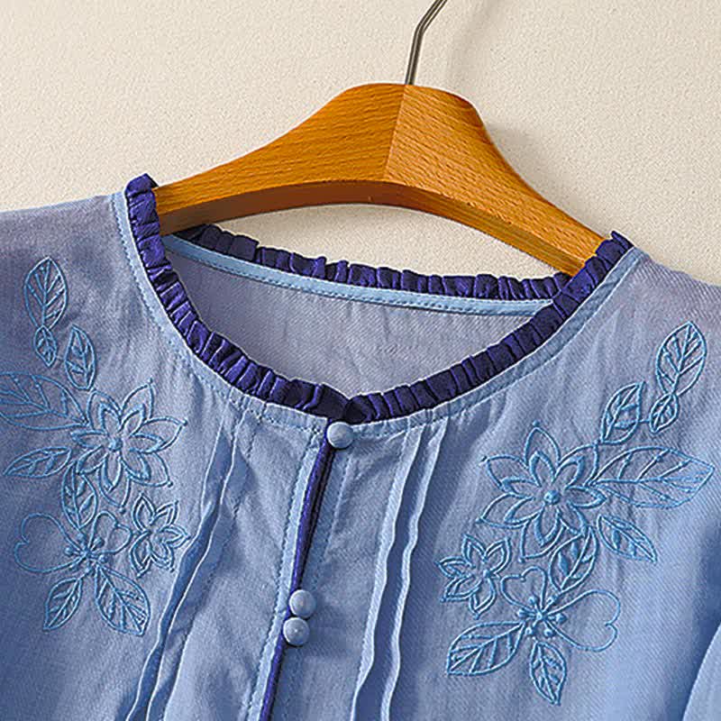 Buddha Stones Camisa de manga larga para mujer, estilo casual elegante, con bordado floral y hojas, ideal para primavera y verano. - image 14