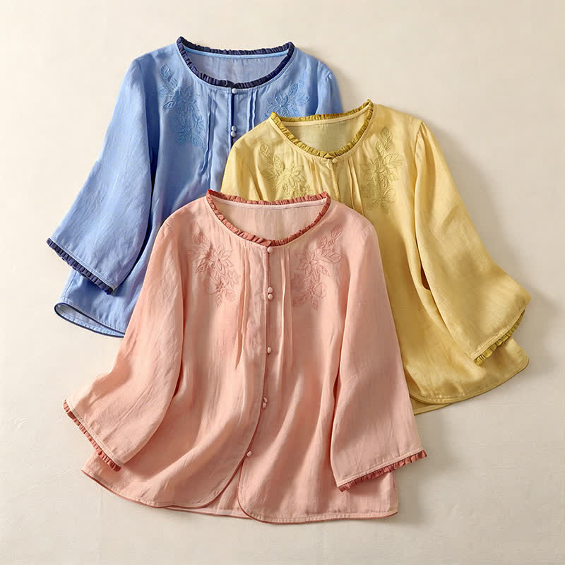 Buddha Stones Camisa de manga larga para mujer, estilo casual elegante, con bordado floral y hojas, ideal para primavera y verano. - image 18