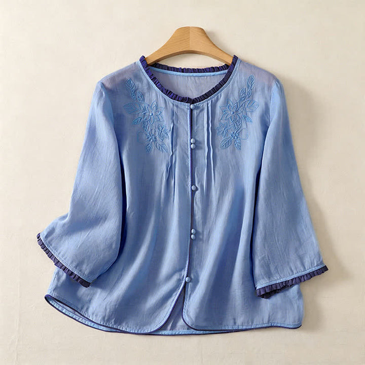 Buddha Stones Camisa de manga larga para mujer, estilo casual elegante, con bordado floral y hojas, ideal para primavera y verano. - Azul acero claro - US12, UK/AU16, EU44 (3XL) - image 13