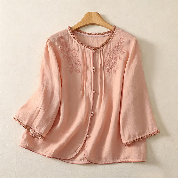 Buddha Stones Camisa de manga larga para mujer, estilo casual elegante, con bordado floral y hojas, ideal para primavera y verano. - Mocasín - US12, UK/AU16, EU44 (3XL) - image 0