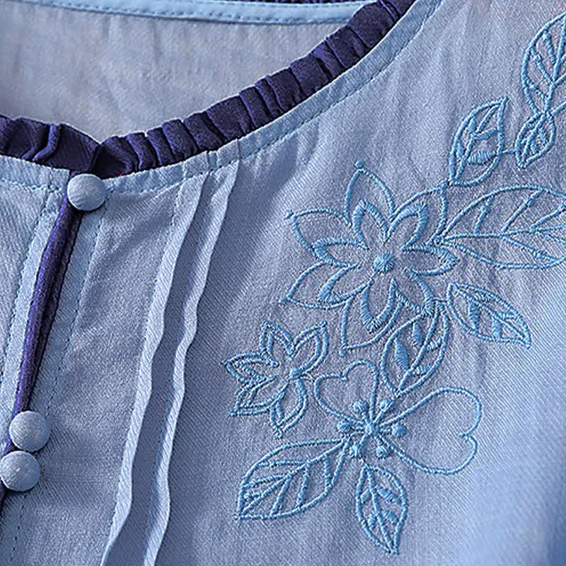 Buddha Stones Camisa de manga larga para mujer, estilo casual elegante, con bordado floral y hojas, ideal para primavera y verano. - image 15