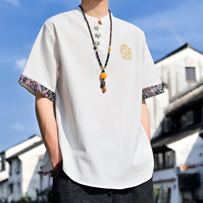 Buddha Stones Camisas de manga corta para hombre estilo Tang, informales, con bordado de botones de rana, ideales para el verano. - image 29