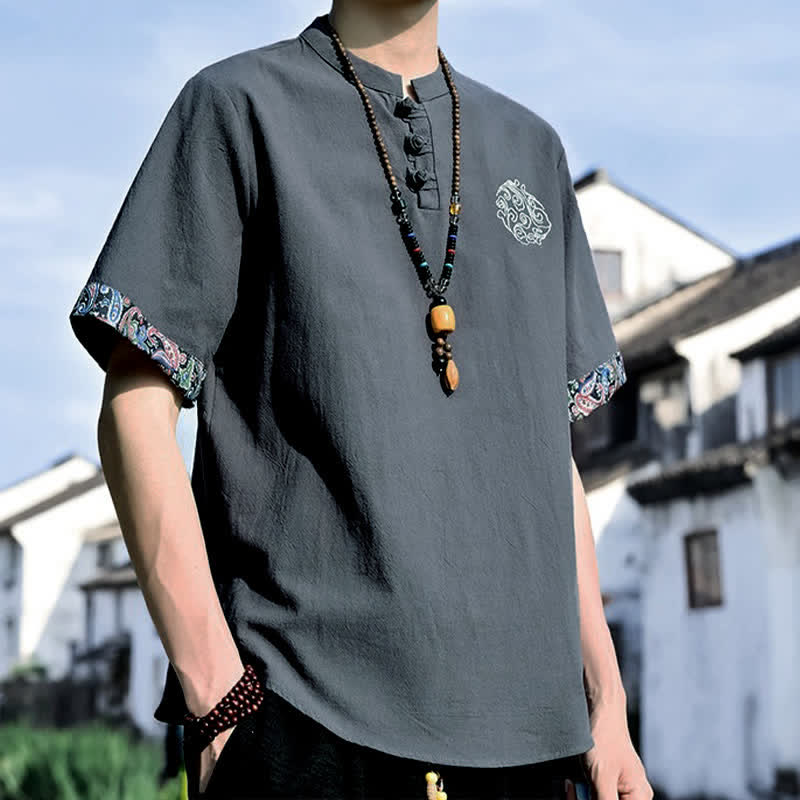 Buddha Stones Camisas de manga corta para hombre estilo Tang, informales, con bordado de botones de rana, ideales para el verano. - image 2