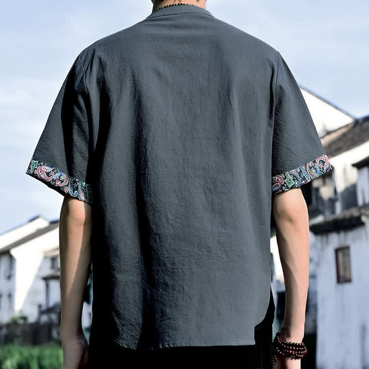 Buddha Stones Camisas de manga corta para hombre estilo Tang, informales, con bordado de botones de rana, ideales para el verano. - image 4