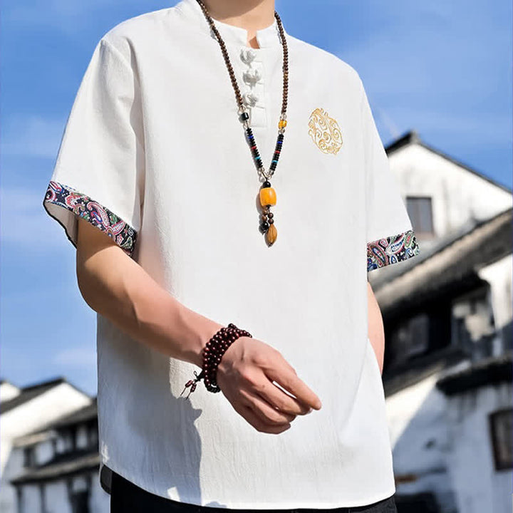 Buddha Stones Camisas de manga corta para hombre estilo Tang, informales, con bordado de botones de rana, ideales para el verano. - image 31