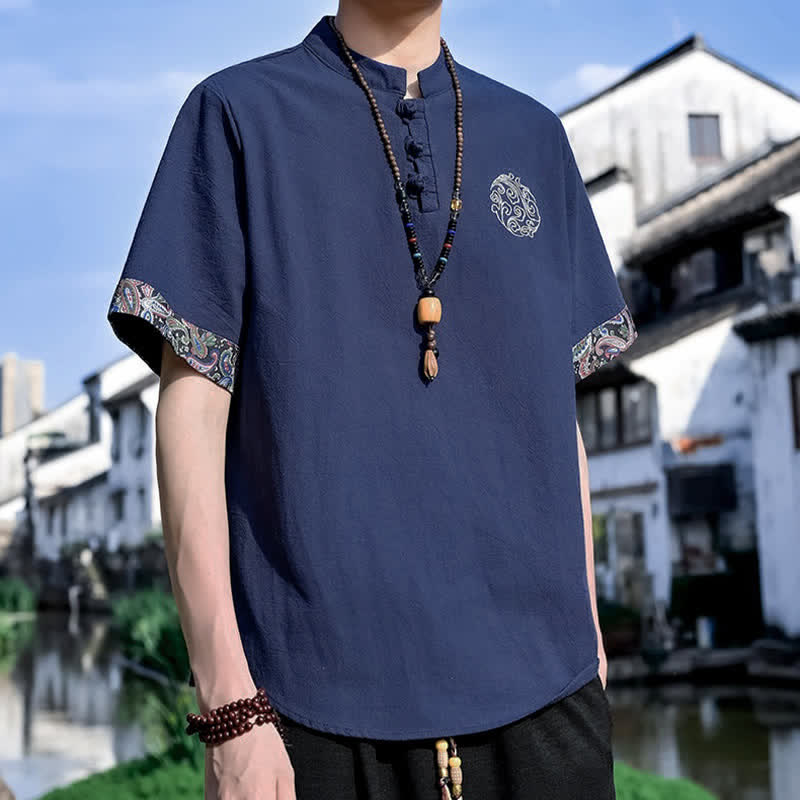 Buddha Stones Camisas de manga corta para hombre estilo Tang, informales, con bordado de botones de rana, ideales para el verano. - image 17