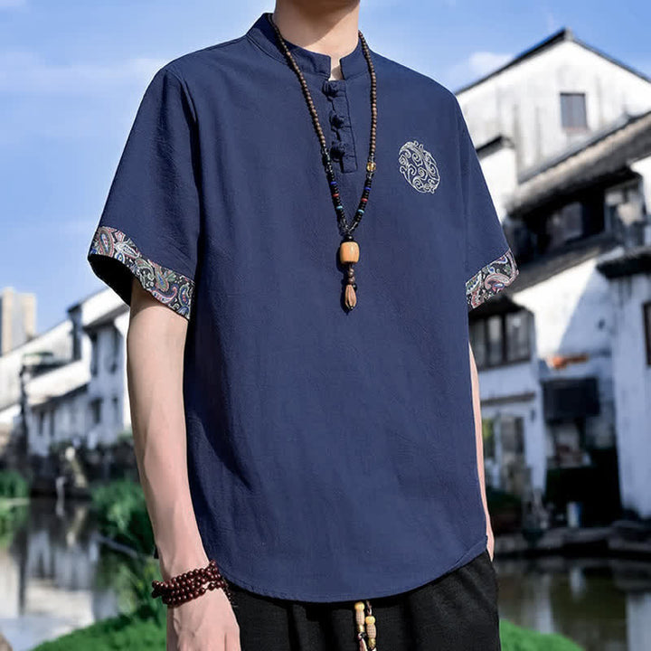 Buddha Stones Camisas de manga corta para hombre estilo Tang, informales, con bordado de botones de rana, ideales para el verano. - image 17
