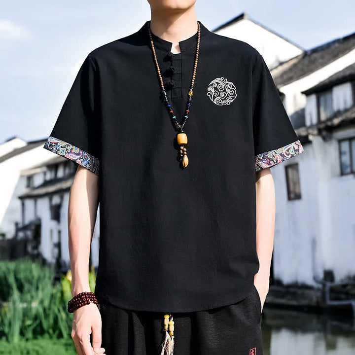 Buddha Stones Camisas de manga corta para hombre estilo Tang, informales, con bordado de botones de rana, ideales para el verano. - image 7