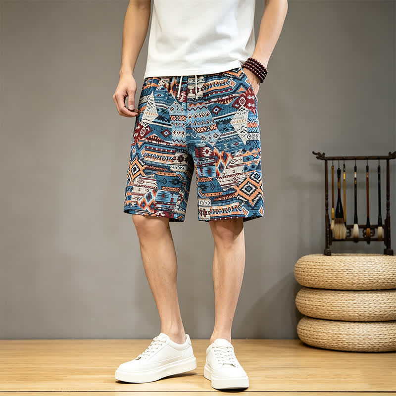 Pantalones cortos de hombre con estampado geométrico, estilo bohemio, con cordón ajustable y bolsillos, estampado Buddha Stones, ideales para el verano. - image 3