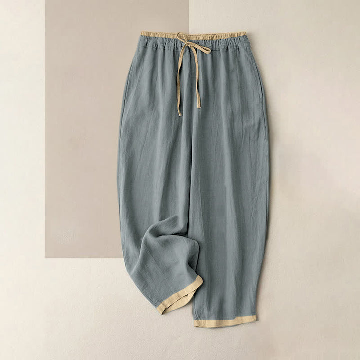 Buddha Stones Pantalones de mujer de algodón y lino con cintura elástica y bolsillos, con ribete de contraste minimalista. - Azul acero claro - US16，UK/AU20，EU48 (3XL) - image 0