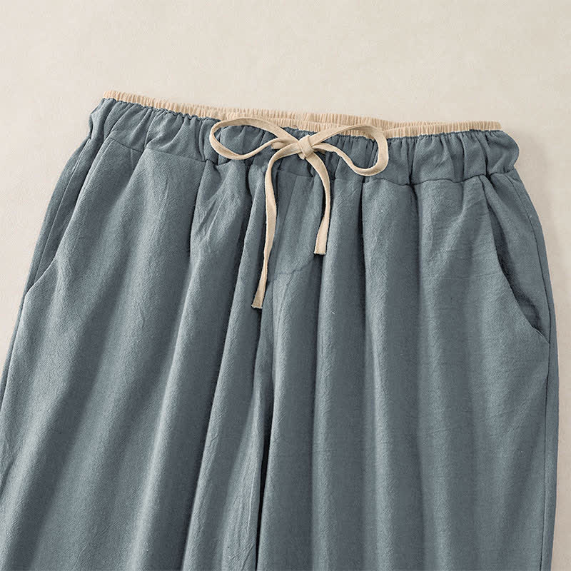 Buddha Stones Pantalones de mujer de algodón y lino con cintura elástica y bolsillos, con ribete de contraste minimalista. - image 1