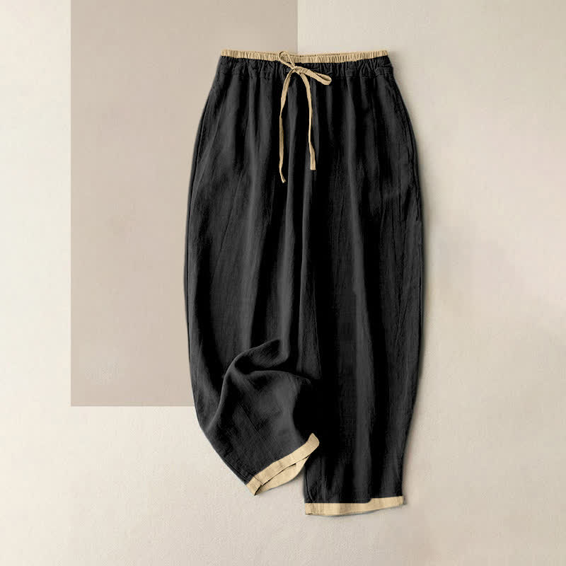 Buddha Stones Pantalones de mujer de algodón y lino con cintura elástica y bolsillos, con ribete de contraste minimalista. - Negro - US16，UK/AU20，EU48 (3XL) - image 6