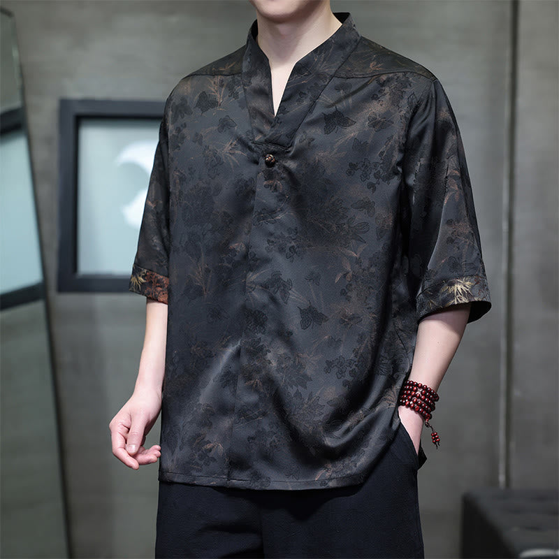 Buddha Stones Camisas de manga corta para hombre estilo Tang, informales, con cuello mandarín y estampado de mariposas de bambú, ideales para primavera y verano. - Tierra de siena - US/UK/AU46, EU56 (5XL) - image 0