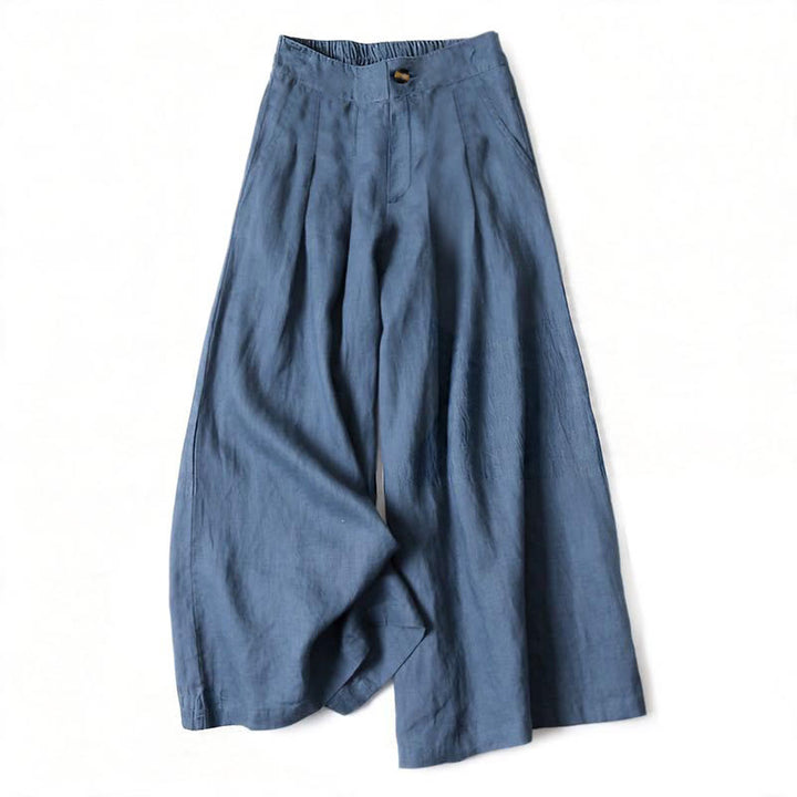 Buddha Stones Pantalones largos de verano elegantes de algodón y lino con cintura elástica, cierre de botón y cremallera, pernera ancha y bolsillos. - Azul acero - US16，UK/AU20，EU48 (3XL) - image 0