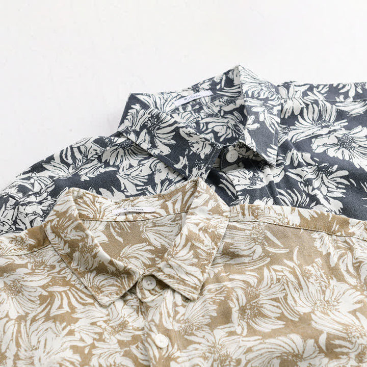 Buddha Stones Camisa de manga corta para hombre, estilo casual de verano, con botones, estampado floral de girasoles y bolsillo de parche. - image 13