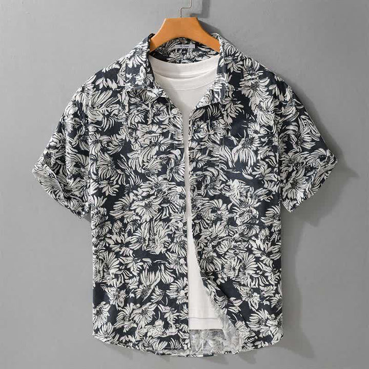 Buddha Stones Camisa de manga corta para hombre, estilo casual de verano, con botones, estampado floral de girasoles y bolsillo de parche. - Azul acero - US/UK/AU44，EU54 (3XL) - image 0