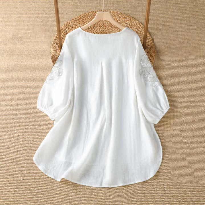 Buddha Stones Camiseta de manga larga para mujer, estilo casual de verano, elegante, con bordado floral blanco y cuello redondo. - image 7