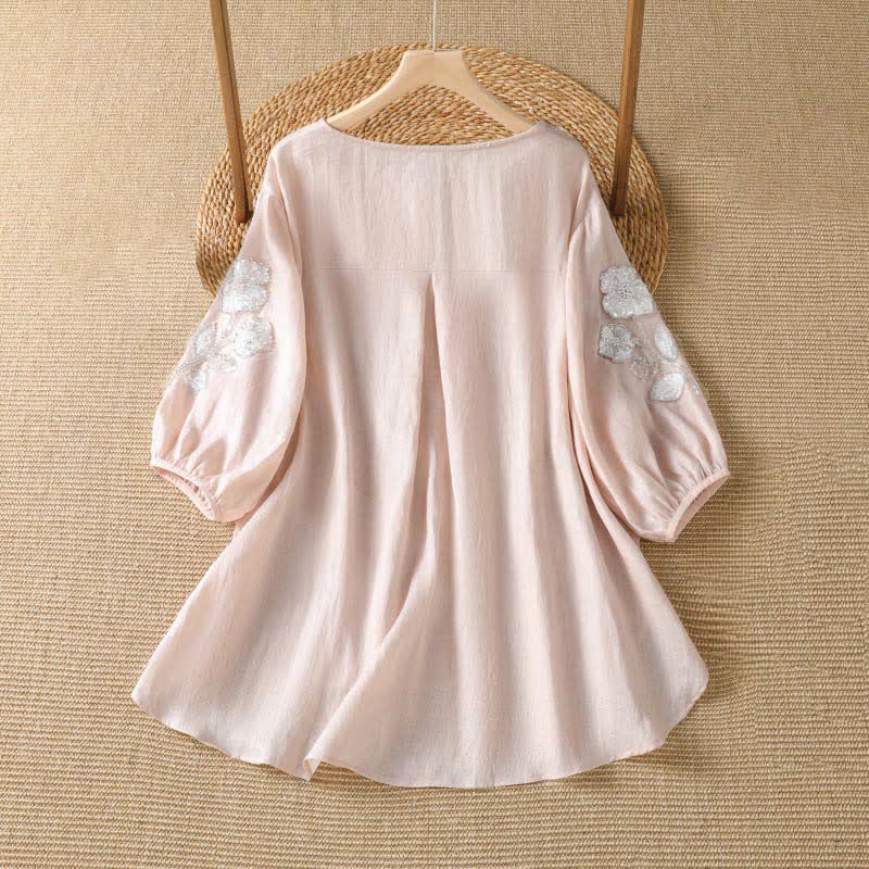 Buddha Stones Camiseta de manga larga para mujer, estilo casual de verano, elegante, con bordado floral blanco y cuello redondo. - image 1