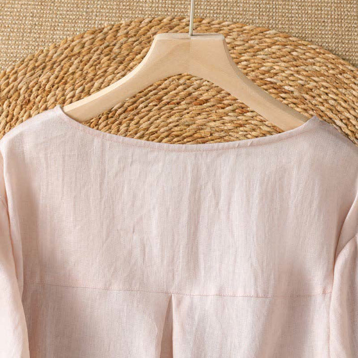 Buddha Stones Camiseta de manga larga para mujer, estilo casual de verano, elegante, con bordado floral blanco y cuello redondo. - image 3