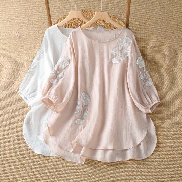 Buddha Stones Camiseta de manga larga para mujer, estilo casual de verano, elegante, con bordado floral blanco y cuello redondo. - image 8