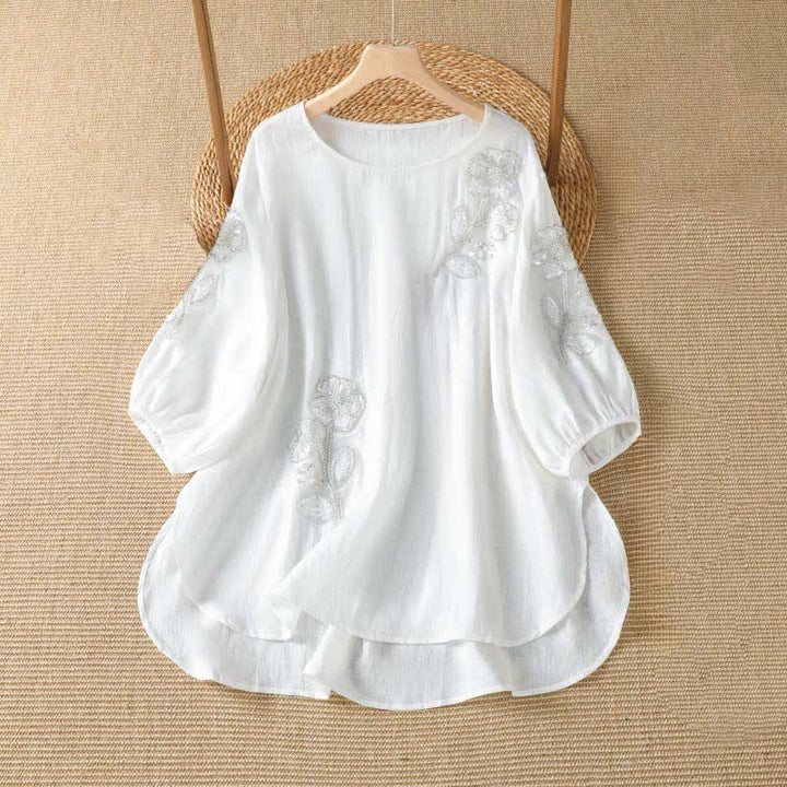 Buddha Stones Camiseta de manga larga para mujer, estilo casual de verano, elegante, con bordado floral blanco y cuello redondo. - Blanco - US14, UK/AU18, EU46 (2XL) - image 6