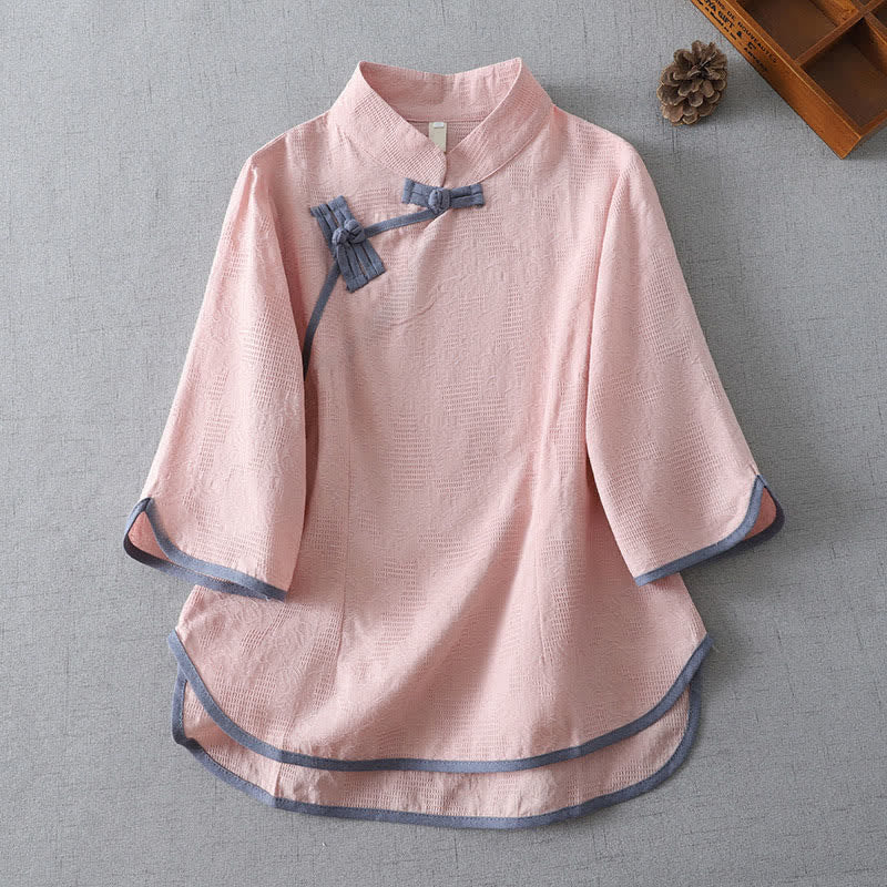 Buddha Stones Camisa de manga corta para mujer, estilo Summer Tang, minimalista, con cuello mandarín y botones de rana. - Rosa - US12, UK/AU16, EU44 (3XL) - image 1