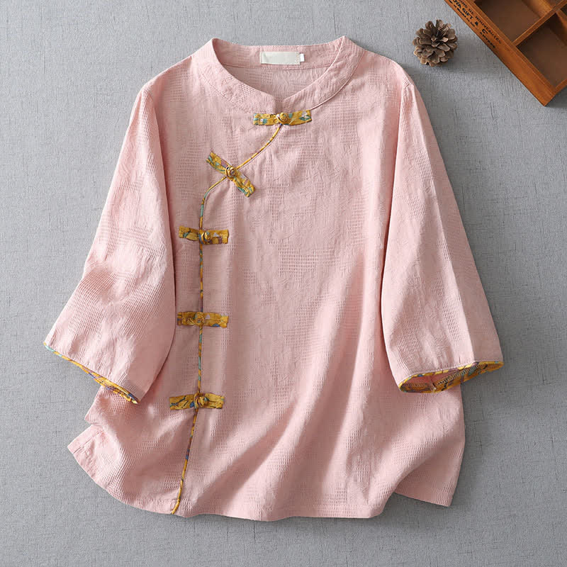 Buddha Stones Camisas de manga tres cuartos para mujer, estilo casual, con botones de rana, de color liso, estilo Tang, ideales para el verano. - rosa claro - US8-10, UK/AU12-14, EU40-42 (2XL) - image 0