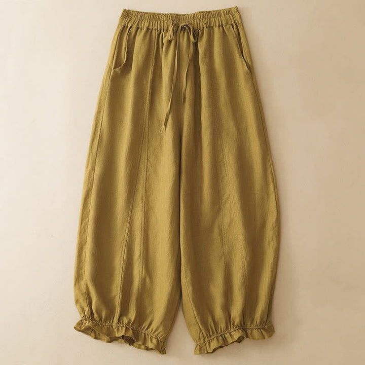 Buddha Stones Pantalones cortos de verano informales con cordón ajustable y bajo con volantes, estilo harem para mujer con bolsillo. - Caqui oscuro - US8-10, UK/AU12-14, EU40-42 (2XL) - image 6