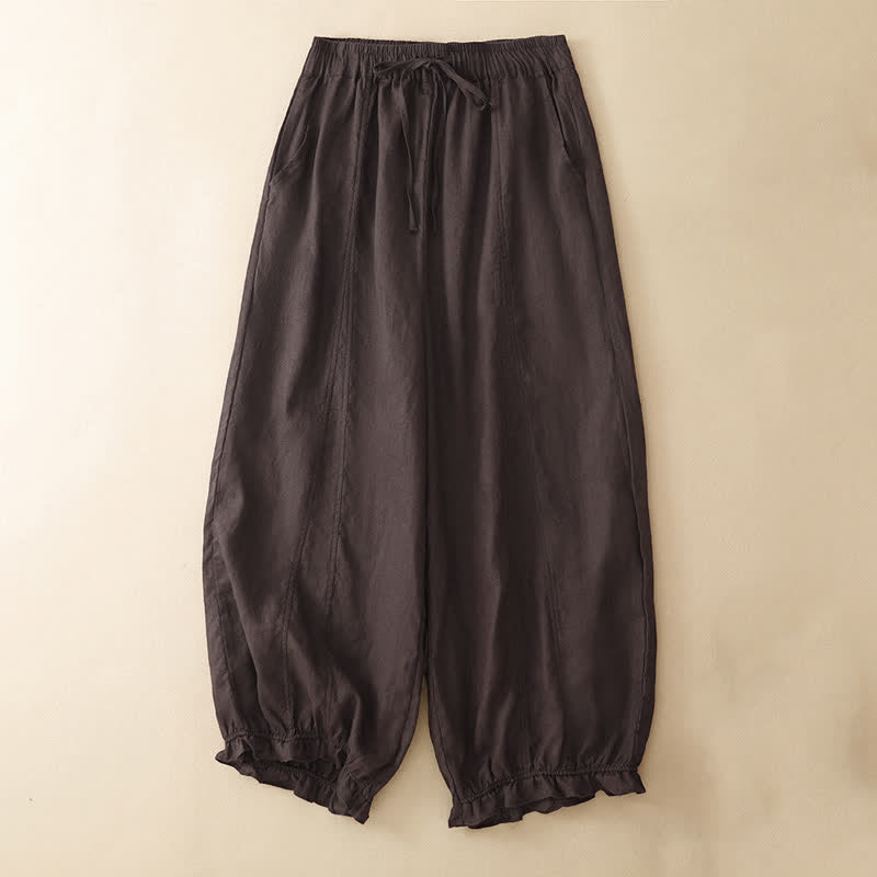 Buddha Stones Pantalones cortos de verano informales con cordón ajustable y bajo con volantes, estilo harem para mujer con bolsillo. - Tierra de siena - US8-10, UK/AU12-14, EU40-42 (2XL) - image 3