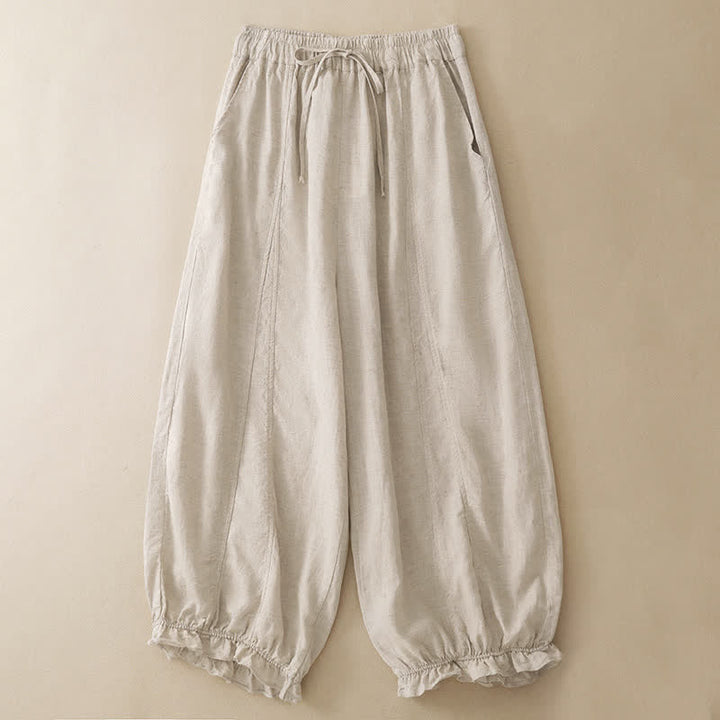Buddha Stones Pantalones cortos de verano informales con cordón ajustable y bajo con volantes, estilo harem para mujer con bolsillo. - Beige - US8-10, UK/AU12-14, EU40-42 (2XL) - image 10
