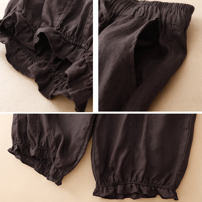 Buddha Stones Pantalones cortos de verano informales con cordón ajustable y bajo con volantes, estilo harem para mujer con bolsillo. - image 5