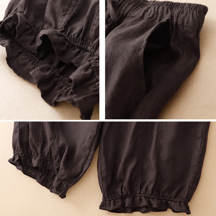 Buddha Stones Pantalones cortos de verano informales con cordón ajustable y bajo con volantes, estilo harem para mujer con bolsillo. - image 5