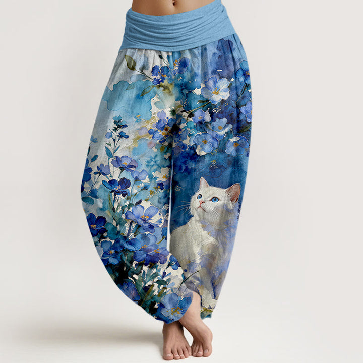 Buddha Stones Pantalones harem de mujer con cintura elástica, estampado floral de gato blanco y algodón puro para mujer. - Azul cielo claro - US16，UK/AU20，EU48 (3XL) - image 0