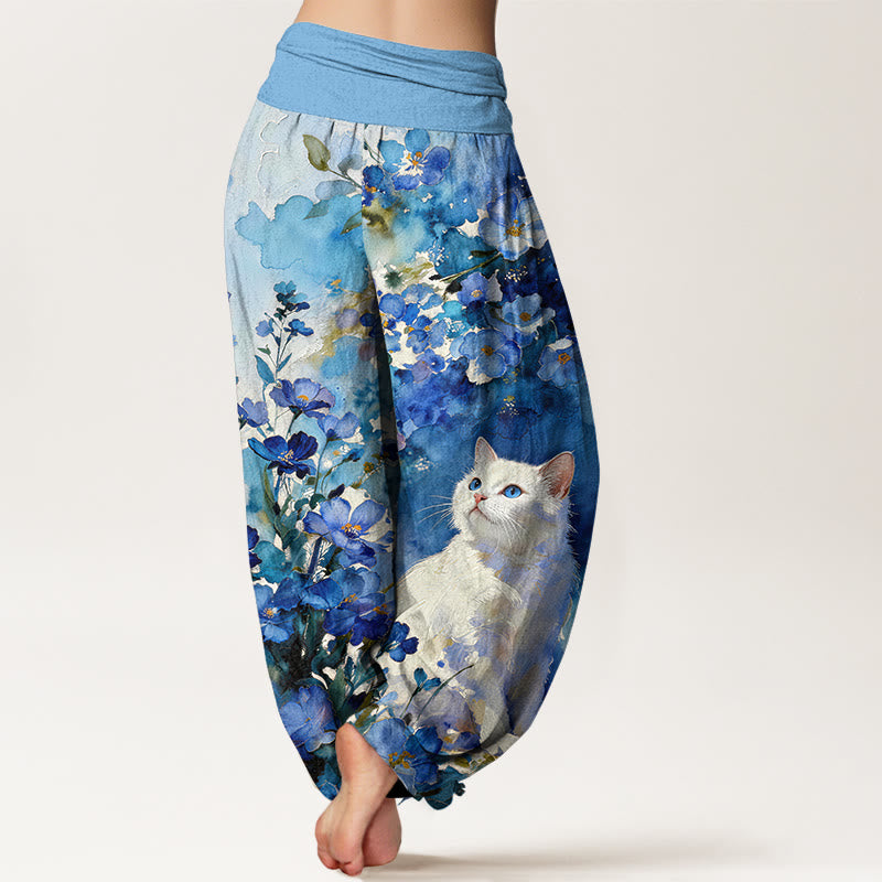 Buddha Stones Pantalones harem de mujer con cintura elástica, estampado floral de gato blanco y algodón puro para mujer. - image 1