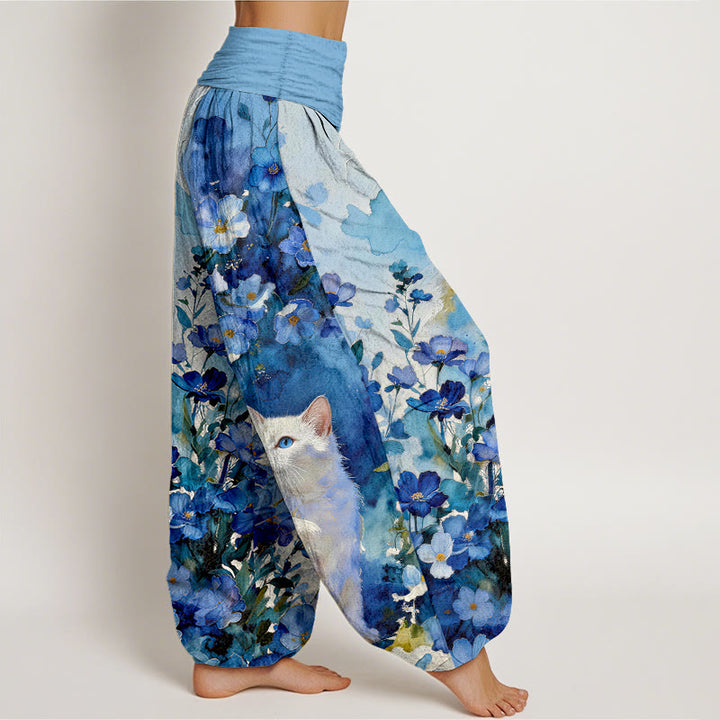 Buddha Stones Pantalones harem de mujer con cintura elástica, estampado floral de gato blanco y algodón puro para mujer. - image 2