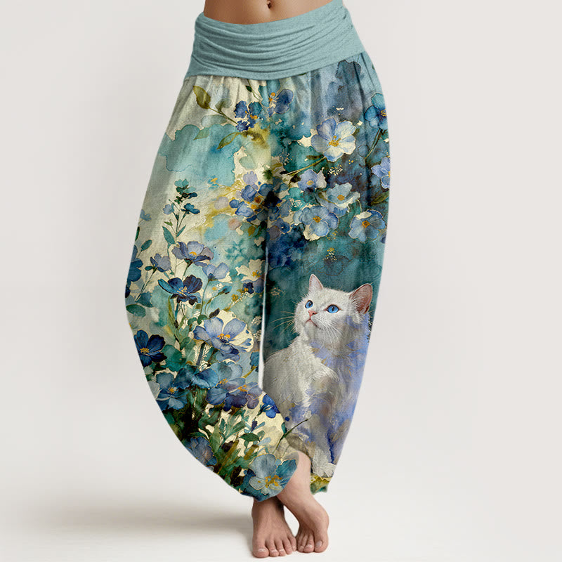 Buddha Stones Pantalones harem de mujer con cintura elástica, estampado floral de gato blanco y algodón puro para mujer. - Verde azulado - US16，UK/AU20，EU48 (3XL) - image 5