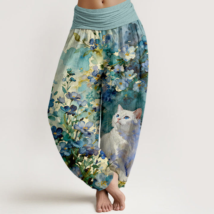 Buddha Stones Pantalones harem de mujer con cintura elástica, estampado floral de gato blanco y algodón puro para mujer. - Verde azulado - US16，UK/AU20，EU48 (3XL) - image 5