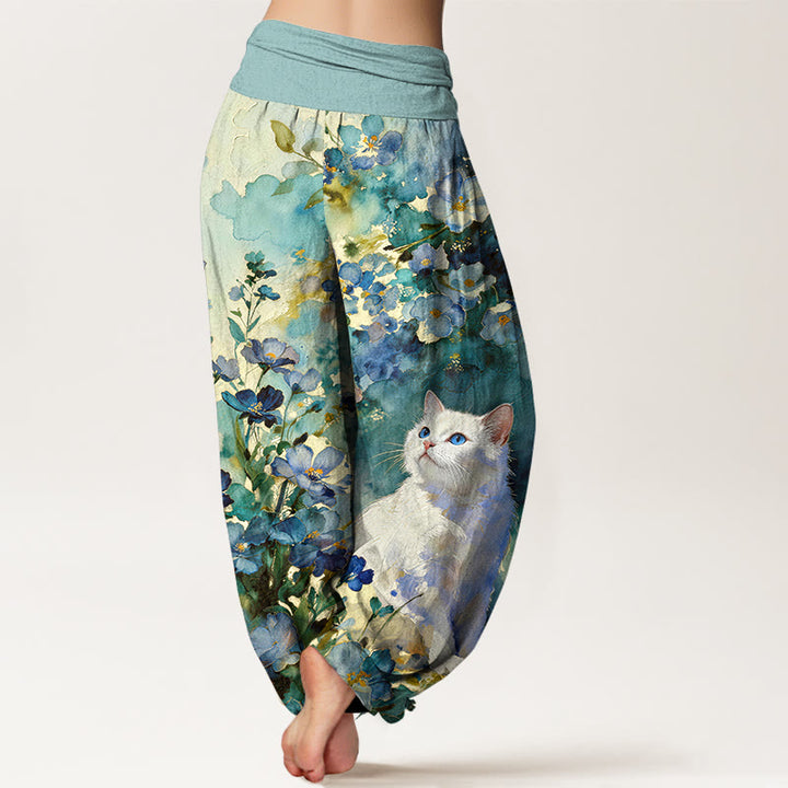 Buddha Stones Pantalones harem de mujer con cintura elástica, estampado floral de gato blanco y algodón puro para mujer. - image 6