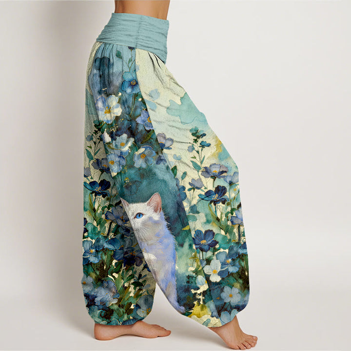 Buddha Stones Pantalones harem de mujer con cintura elástica, estampado floral de gato blanco y algodón puro para mujer. - image 7