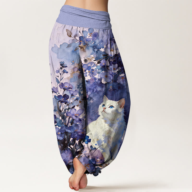 Buddha Stones Pantalones harem de mujer con cintura elástica, estampado floral de gato blanco y algodón puro para mujer. - image 9